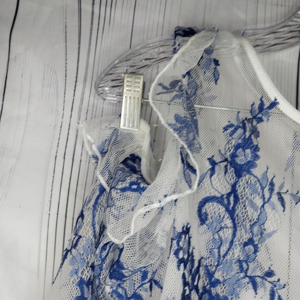 Fashion Nova Sheer Cold Shoulder Blue And White Floral Lace Romantic Top - Picture 4 of 10